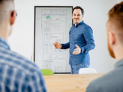 Employee explains in front of whiteboard