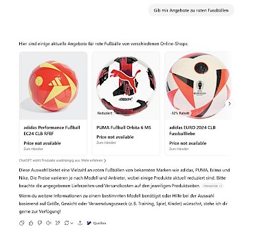 Beispiel für die Darstellung von Produktlistings in ChatGPT Shopping