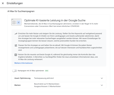 Aktivierung von Google AI Max in den Kampagneneinstellungen