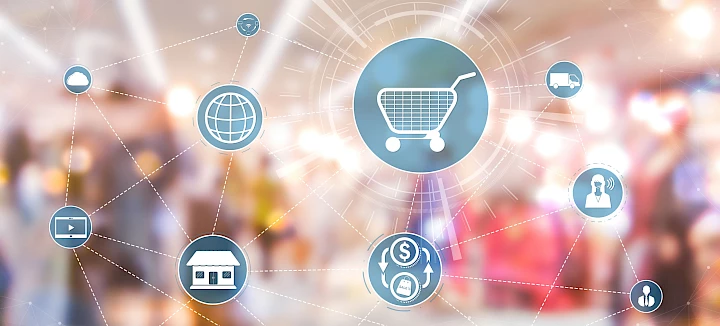 Grafik mit Einkaufswagen und semantischen Zusammenhängen für ChatGPT Advertising