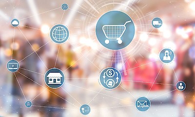 Grafik mit Einkaufswagen und semantsichen Zusammenhängen für ChatGPT Advertising