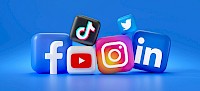 Social media iconen voor de social media nieuws blog op een blauwe achtergrond