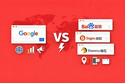 Grafik mit Logo Google vs. Logos chinesische Suchmaschinen wie Baidu