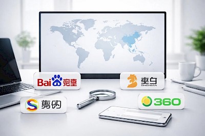 Bild mit Lupe und Logos verschiedener chinesischen Suchmaschinen