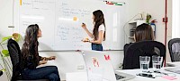 Drie vrouwen in een vergadering brainstormen op een whiteboard