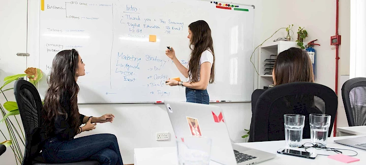 Three women in a meeting brainstorming on a whiteboard