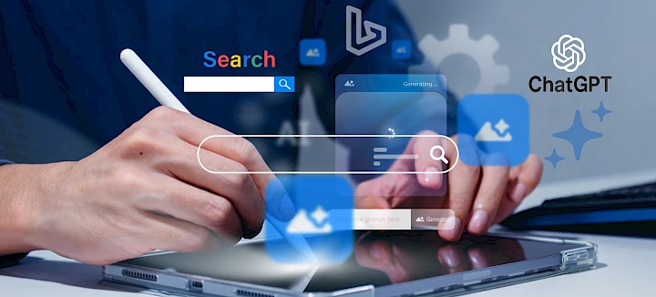 Man op tablet met zoekmachine en AI's