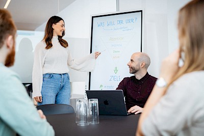 Frau steht am Whiteboard und erklärt Customer Journey