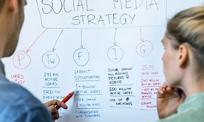 Twee social media managers bespreken strategie op een whiteboard
