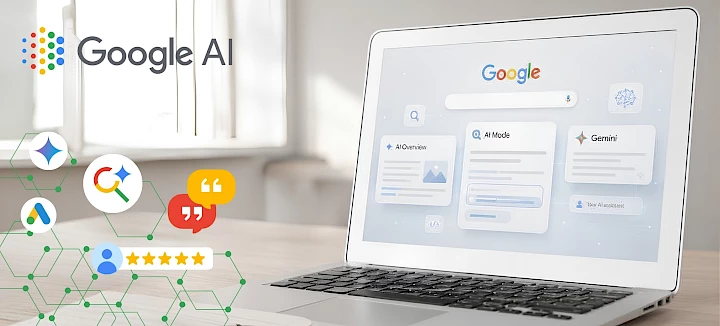 Laptop zum Vergleich von Suche, Ai Overview, Ai Mode und Google Gemini