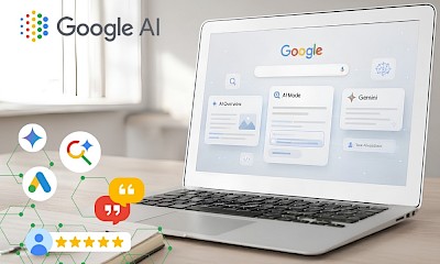 Laptop zum Vergleich von Suche, Ai Overview, Ai Mode und Google Gemini