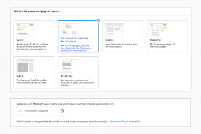 Auswahl des Kampagnentyps PMax Kampagne