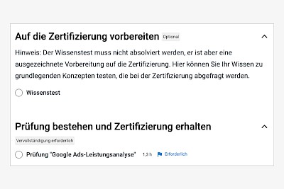 Screenshot der Nutzeroberfläche für die Google AdWords Zertifizierung